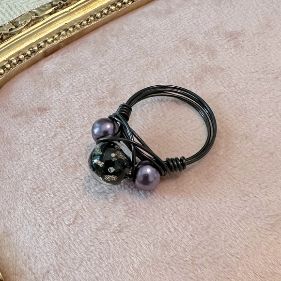 Handmade Wire Wrapped Ring Black Lampwork Glass Purple Pearls Metal Hand Done - Picture 1 of 9